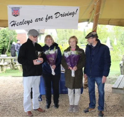 Ed Friend, Jill Friend, Anne Edwards, and Nick Varlow. The first presentation of The Derek Edwards Drive It Trophy, at The Wheatsheaf, Drive It Day, 16th April 2024