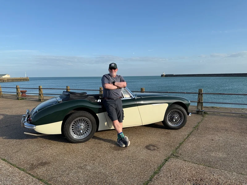 Steve C and his BJ8 Ph2 at Newhaven, East Sussex. Car built 22nd April 1964, exported to San Fransisco, re-imported and restored 1992. Restored again 2019. Converted back to rh drive with rack and pinion steering. "Thoroughly enjoy driving the car" says Steve.